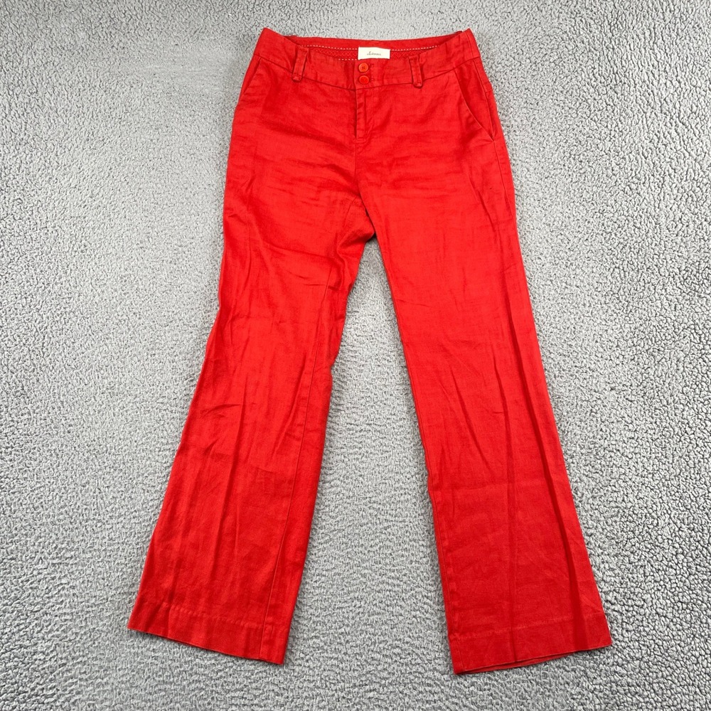 Elevenses Pants Women 2 Red Linen Blend Wide Leg Trousers Double Button Stretch